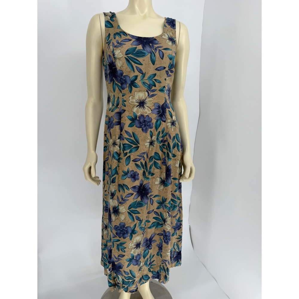 Vintage 90s Scarlett Rayon Floral Maxi Dress Cottagecore Prairie Blue Tan Small‎